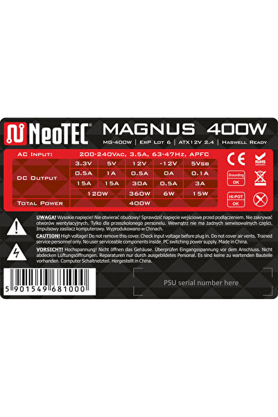 NeoTech Care Sursă de alimentare NEOTEC MAGNUS MG-400W, ATX12V 2.4, 400W
