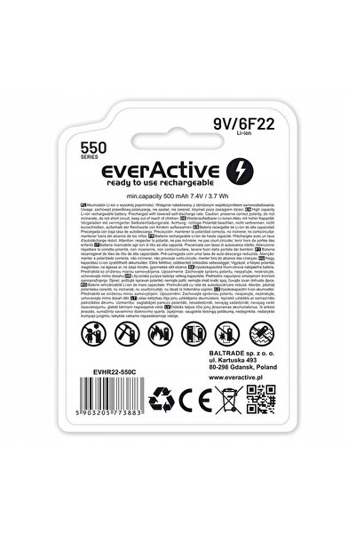 everActive 6F22/9V LI-ION 550 MAH CU USB TYP-C - PACHET CU 1 BATERIE - BLIS