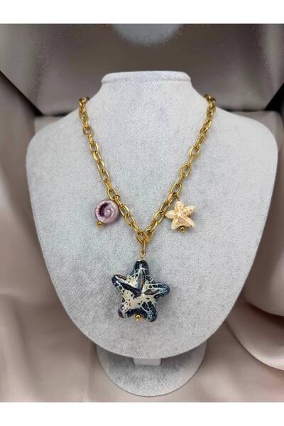 ZS Aksesuar Women's Gold Color Starfish Figured Chain Necklace with Shell Det...
