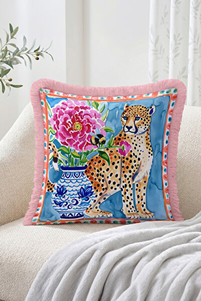 Realhomes Leopard Figured Flower and Tile Vase Patterned Fringed Throw Pillow...