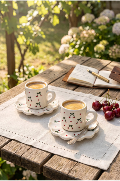 Homerest Turkish Coffee Cup Set with Cherry Pattern for 2 People, Ceramic Esp...