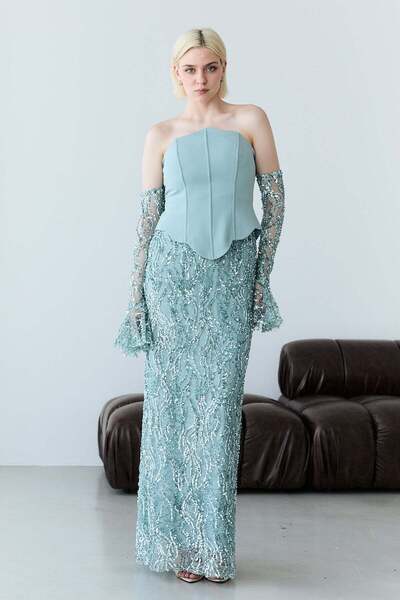 Serica Moda Mint Strapless Corset Detailed Sequin Embroidered Long Evening Dress