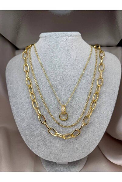 ZS Aksesuar Women's Gold Color 3 Layered Chain Necklace Thick Ring Chain with...