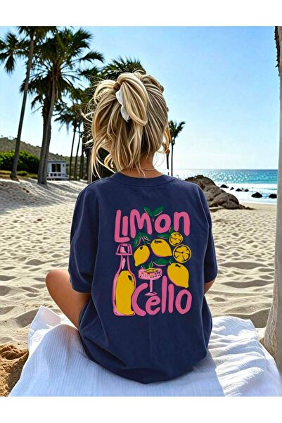 Oceanwear Lemon Printed Navy Blue Short Sleeve Women's Tshirt