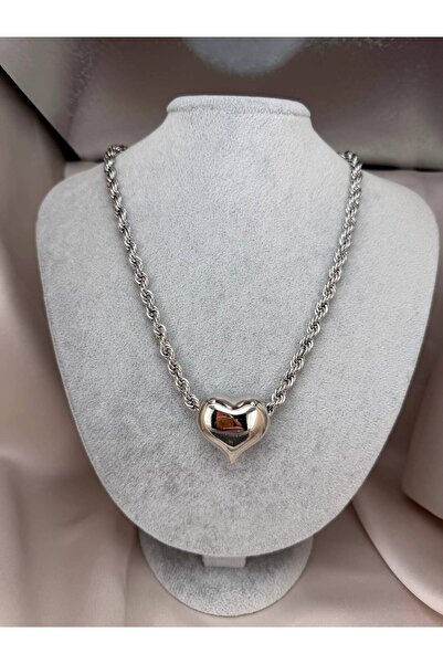 ZS Aksesuar Women's Silver Color Twisted Chain Curved Heart Figured Necklace ...