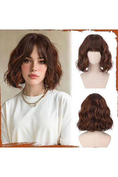 Dotail Perucă bob ondulată, cu breton, ușoară, 30 cm, din fibră sintetică, st...