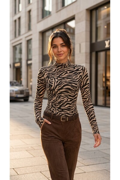 peralist Women's Beige Zebra Patterned Printed Viscose Elastane Blouse with S...