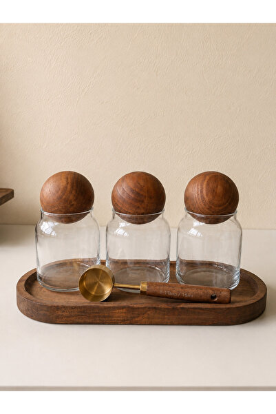 Mottogo 4-Piece Coffee Corner Jar Set Acacia-Lidded Glass Jar Gold Measuring ...