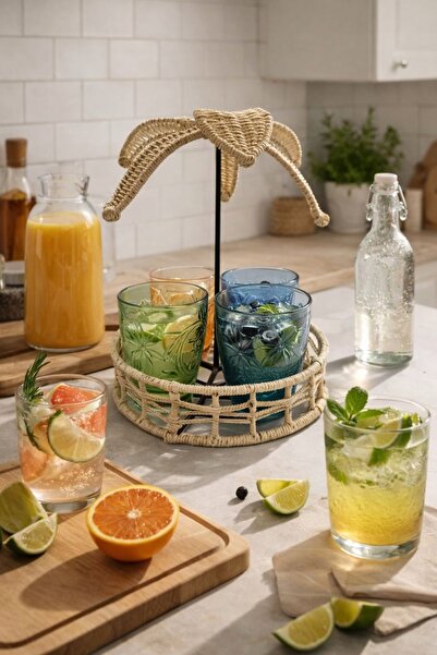 HowHomely Set de pahare 300 ml cu suport din ratan, model palmier, pentru bău...