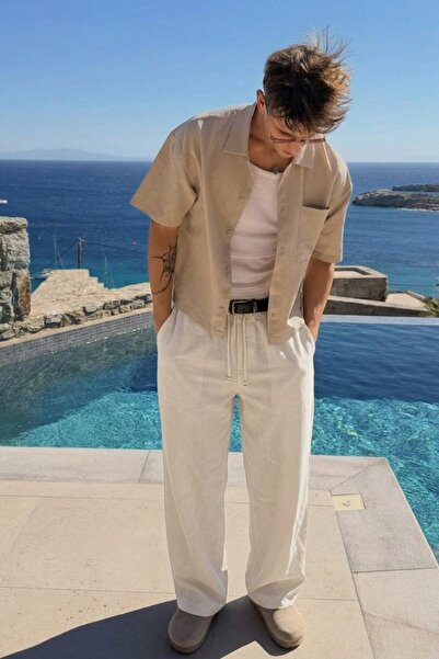 DAMGA JEANS Men's Summer White Baggy Linen Trousers with Elastic Waist