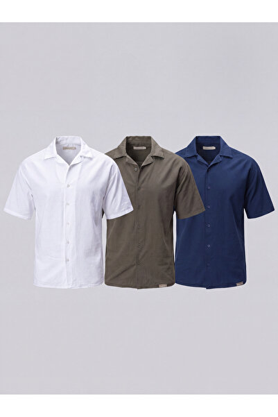 Siyah İz Men's Oversize 100% Cotton Linen Textured Short Sleeve Triple Shirt ...