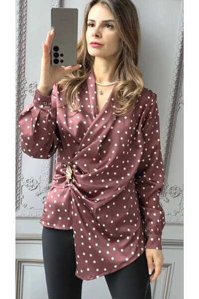 MAXORA SHOP Asymmetric satin shirts with removable brooch Aurelia - Grey