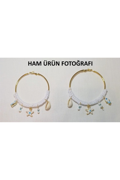 Librapera Concept White Knitted Detailed Sea-Themed Steel Hoop Earrings 6 cm