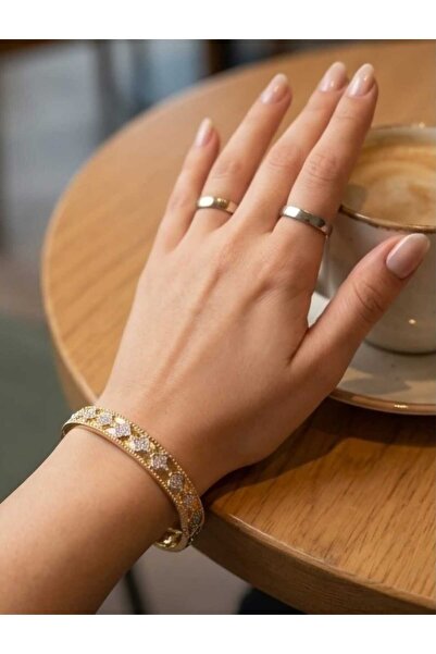 Genel Markalar Dolunay Takı Clover Luxe Gold Renk Taşlı Kelepçe Bilezik