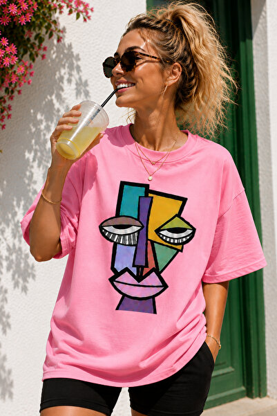 ArtYus Modern Abstract Face Print Crew Neck Casual Unisex Oversize T-Shirt - ...