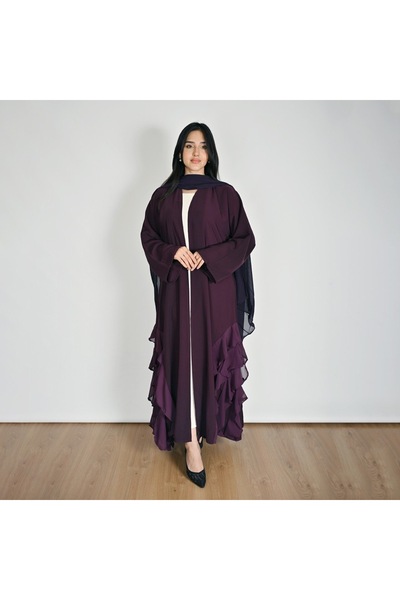 HAWRAA ABAYA Purple Color Double Sided Chiffon Layered Ruffle Abaya Wrap