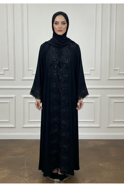 Nukhbaa Aisha Floral Lace & Beaded Abaya| Nida Fabric