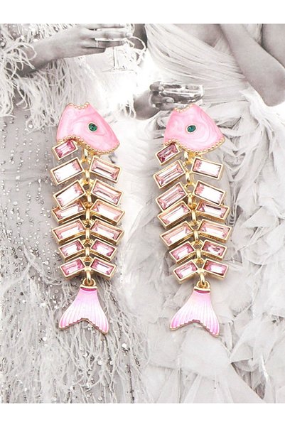 Glamluxe Fish Women's Pink Stone Fishbone Figured Dangle Earrings