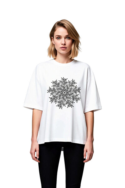 PayBuy Women's Oversize T-Shirt Geometric Leaf Motif Line Art Print Relaxed F...