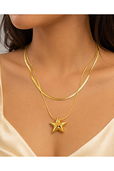 Generic Brand Gold Plated Stainless Steel Layered Star Necklace – Double Chai...