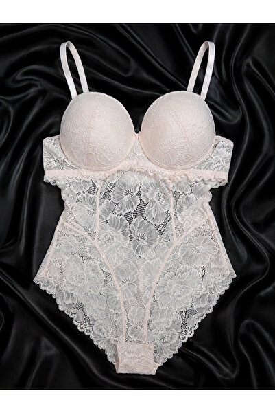 GLAM UNDERWEAR Kadın İpeksi Dantelli Destekli Dolgulu Balenli Body Bodysuit İ...