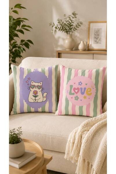 Sakallı 2’li Pastel Kedi Temalı Dekoratif Kırlent Kılıfı Seti