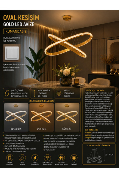 Genel Markalar Oval Kesişim Gold LED Avize - 3 Renk Aydınlatma (KUMANDASIZ)
