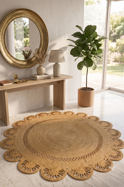 Villadia Home Textile Jüt Hasır Yuvarlak Kilim Halı Yolluk Dekoratif Örgü Hal...