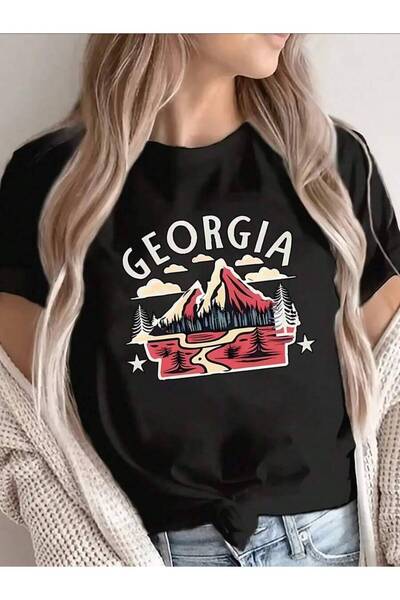 45 BPM Men's Mountain Black Red Georgia State Flag Home Proud Graphic Tee, Soft Breathable Short Sleeve, Casual Summer Outfit