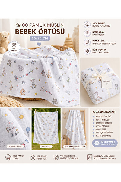 Çok Amaçlı Müslin Bebek Örtü %100 (85x95) Çiftlik Desenli