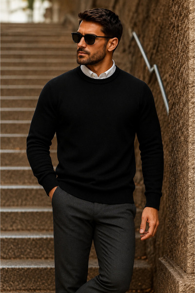 comstar Men's Daily Trend Crew Neck A.Black Knitwear Sweater