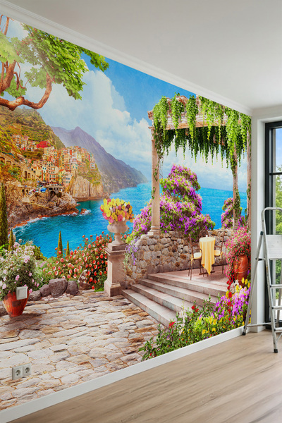 dreamwall Çiçekli Pergola, Masa Sandalye Seti, Sahil Köyü ve Deniz Manzaralı ...
