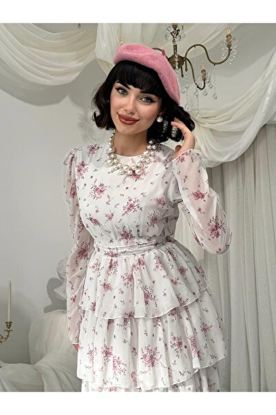 Clothes Fast Women's Pink Chiffon Floral Patterned Layered Flounce Belted Lon...