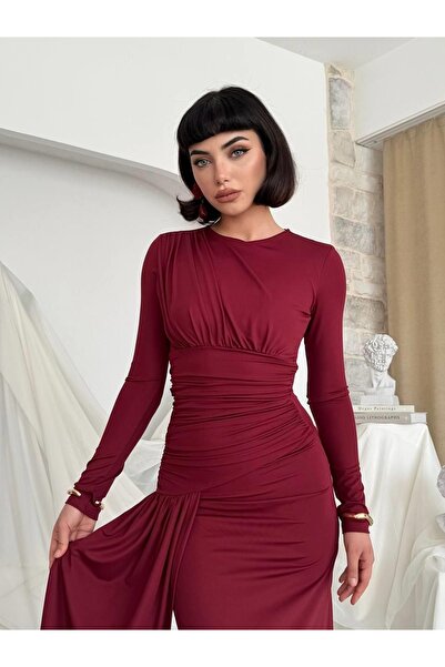 Moda Days Γυναικείο μπορντό μίντι φόρεμα με ντραπέ, μακρυμάνικο, λαιμόκοψη πο...