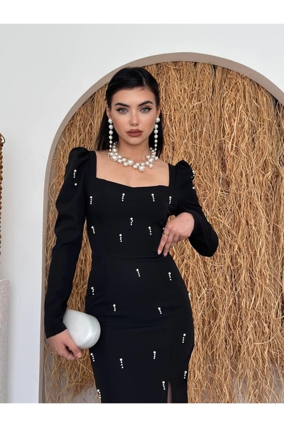 Clothes Fast فستان نسائي أسود متوسط الطول مزين باللؤلؤ وياقة مربعة وأكمام طويلة