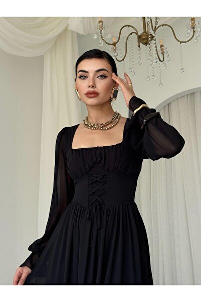 Clothes Fast فستان نسائي طويل من الشيفون الأسود بياقة مربعة وأكمام طويلة
