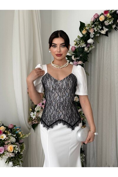 Clothes Fast Rochie midi ecru pentru femei, cu decolteu inimă, cu dantelă, cu...