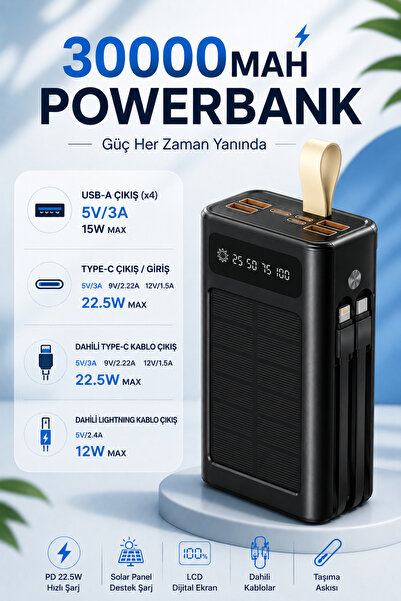 Merwish 30000mAh Solar Powerbank 22.5W Hızlı Şarj, 4x USB-A Dahili Type-C & Lightning Kablo, LCD Dijital Ekran, Yüksek Kapasiteli Taşınabilir Şarj Cihazı