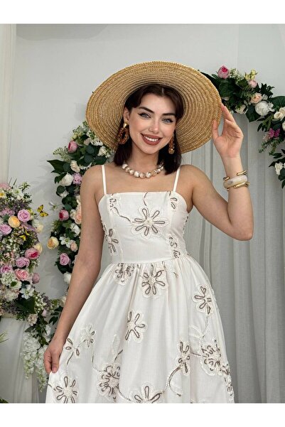 Clothes Fast فستان نسائي طويل من قماش البوبلين بياقة مربعة وحزام مطرز بالزهور...