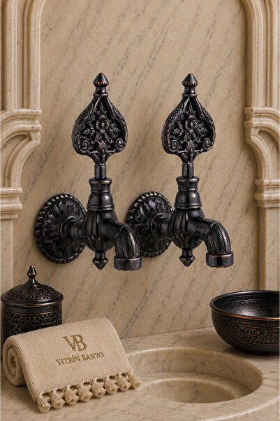 vb vitrinbanyo 2 Pieces Patterned Ottoman Kurna Faucet Black Brass Heavy Mode...