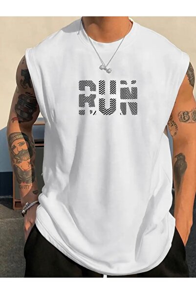 FUFLUNS تي شيرت رجالي بدون أكمام بطباعة RUN ذو تصميم عادي وياقة دائرية رياضية...