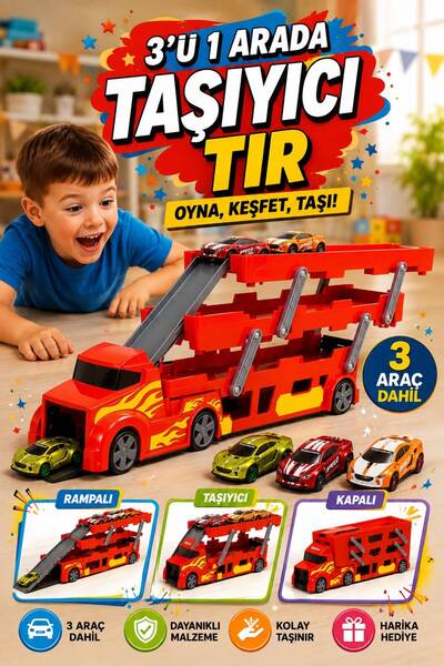 PAKİTO Kırmızı 3 Katlı 37 Araç Kapasiteli Mega Tır-Kamyon | Açılır-Kapanır Ka...