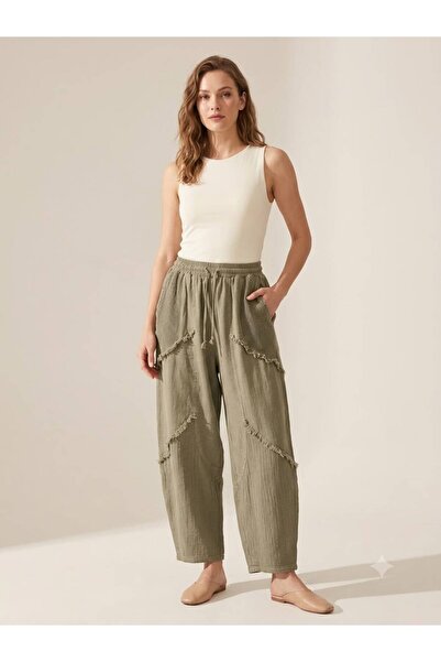 moda rüyası Italian Linen Shalwar Trousers with Mesh Detail, Tasseled Elastic...