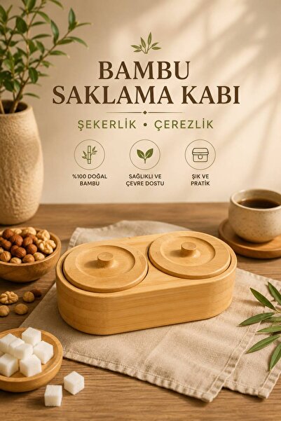 HAZARPAZAR 2'li Kapaklı Yuvarlak Bambu Çerezlik Seti - Kahve Yanı Sunum Kases...