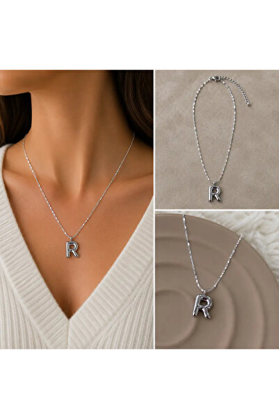 Bozhi Silver Color R Letter Figured Minimal Chain Necklace Silver Elegant Steel