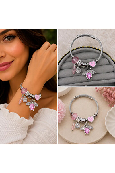 Bozhi Pink Bee and Heart Accessory Detailed Silver Color Women's Bracelet Ste...