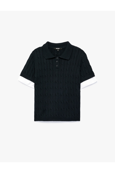 Koton Regular Fit Renk Kontrastı Kısa Kollu Polo Yaka Saç Örgü Kazak