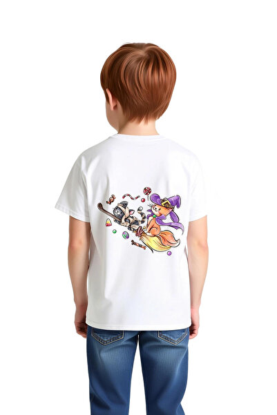 PayBuy Children's Witch Cat Broom Printed T-Shirt 100% Cotton Short Sleeve Ro...