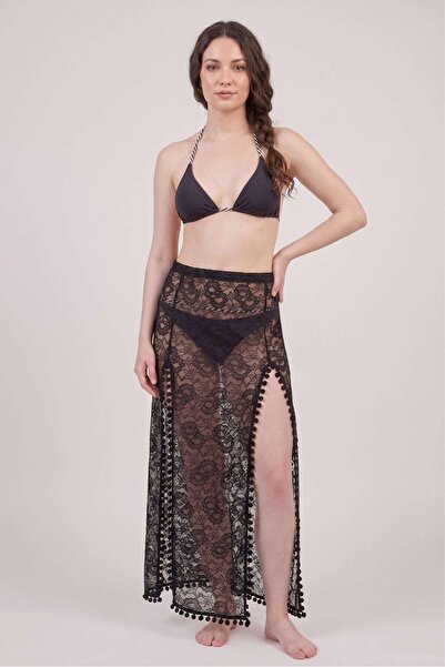 OBJE Women's Black Lace Long Skirt with Pompom Detail and Slit Pareo