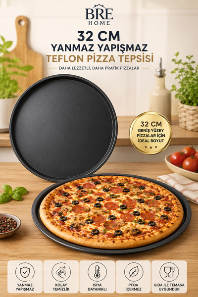 BRE HOME 32 CM Yanmaz Yapışmaz Teflon Pizza Tepsisi – Deliksiz Pizza Tavası –...